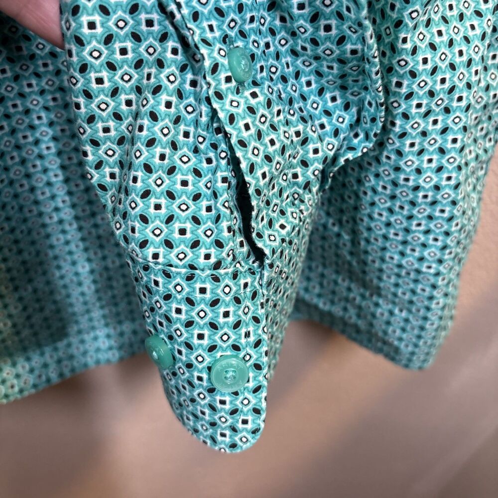 Ariat Mens Large Long Sleeve Button Down Shirt Teal Blue Geometric Print Fitted - Picture 10 of 11